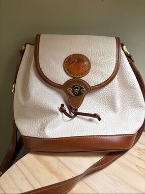 Pebbled White and Brown Leather Flap Crossbody Bag
